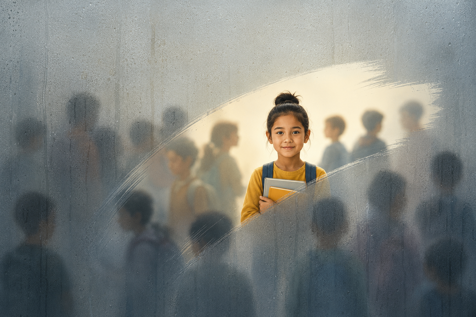 A student becomes visible through a cleared circle in fogged glass, symbolizing how visibility reveals each learner in a school