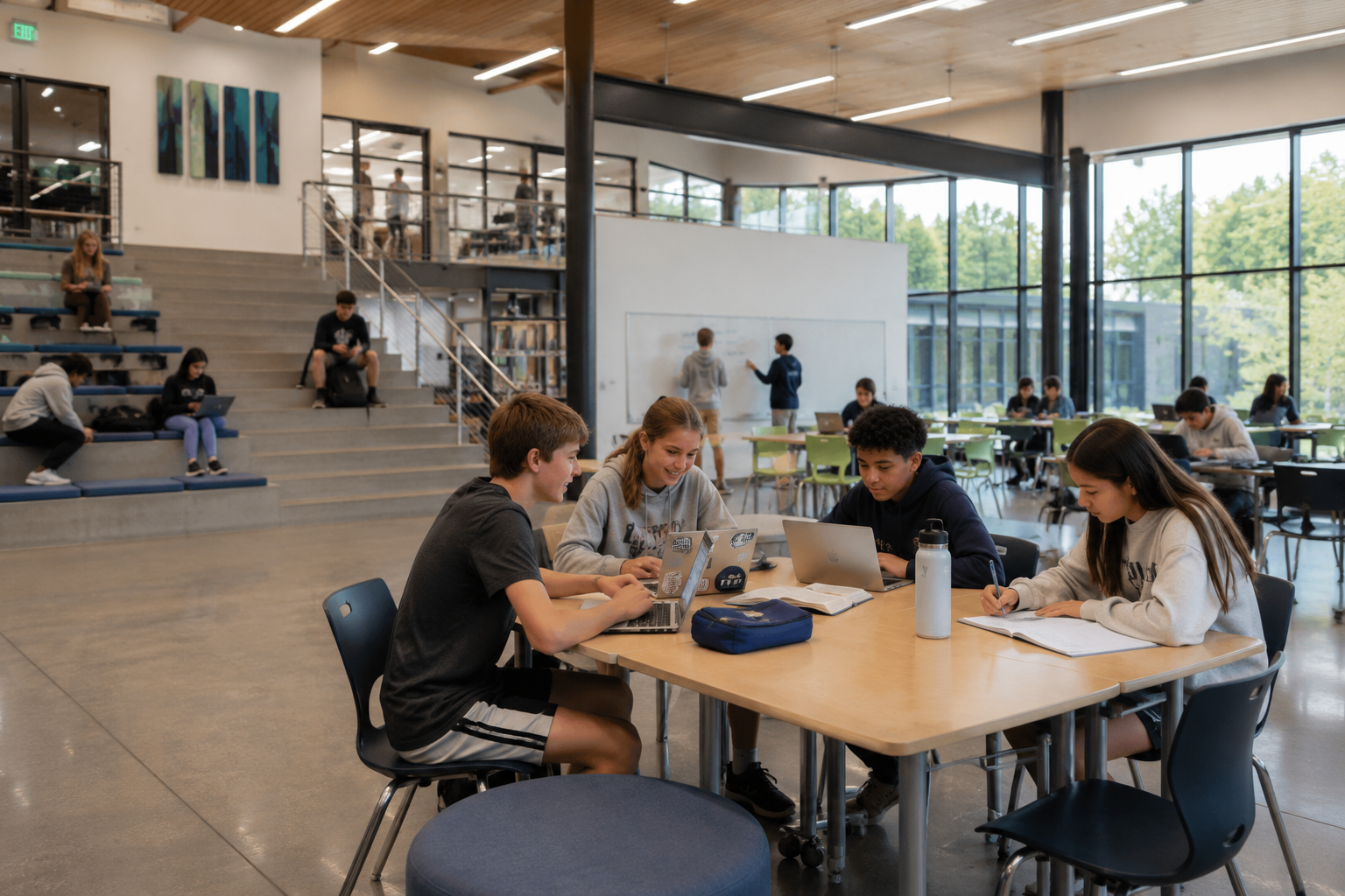 Students working together at tables in a school learning commons.