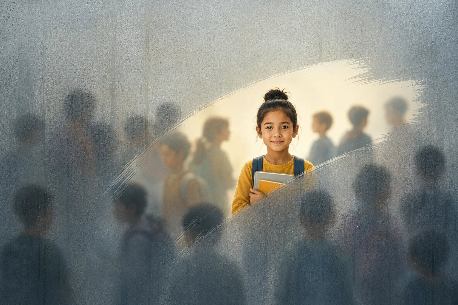 A student becomes visible through a cleared circle in fogged glass, symbolizing how visibility reveals each learner in a school