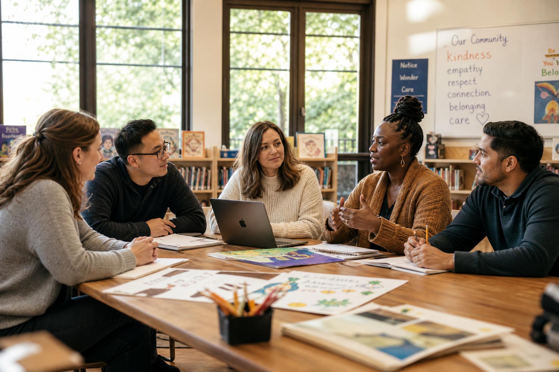 A diverse group of independent school educators collaborating around a table with student work and lesson materials in a bright classroom
